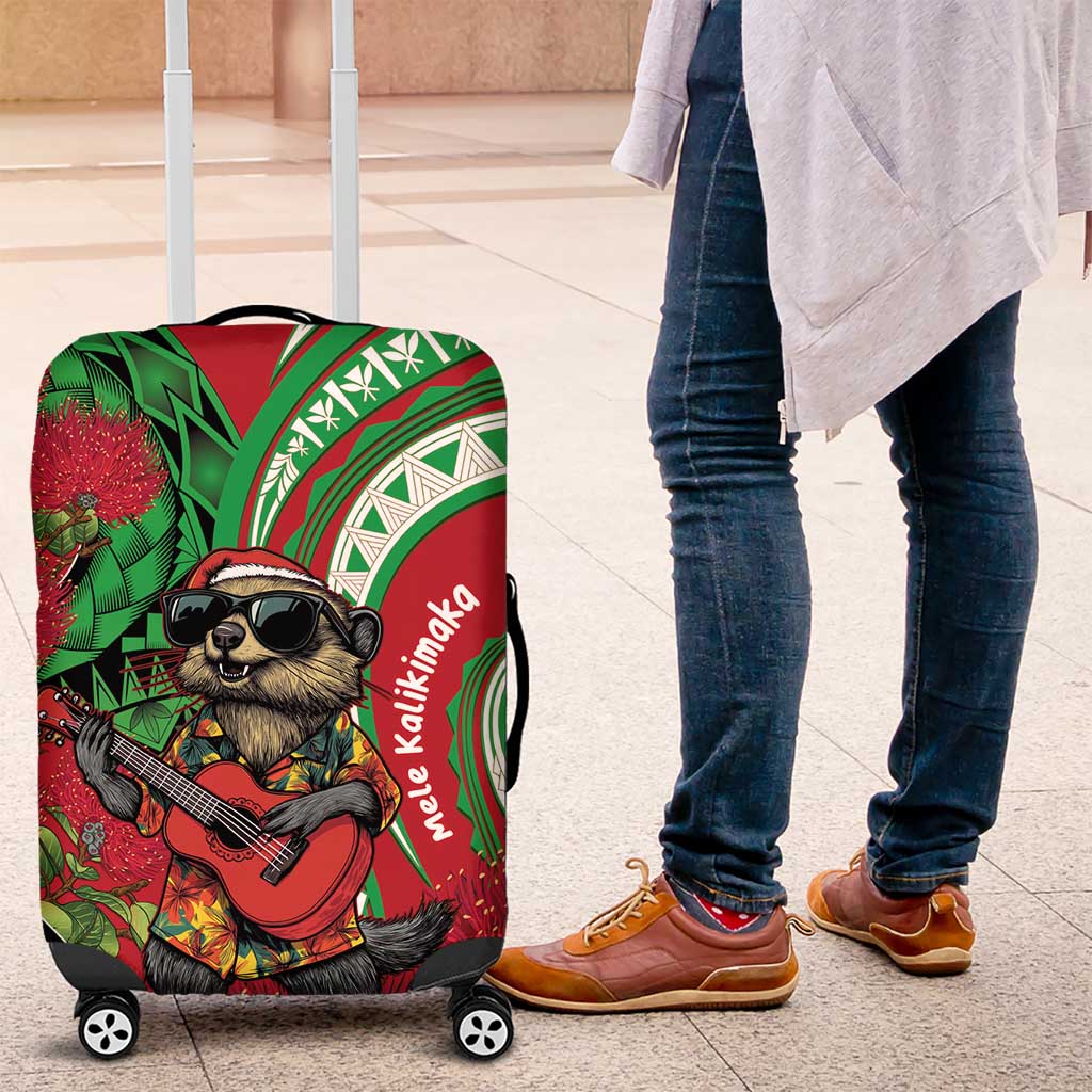 Mele Kalikimaka Hawaii Luggage Cover Mongoose Santa With Ohia Lehua LT14 Red - Polynesian Pride