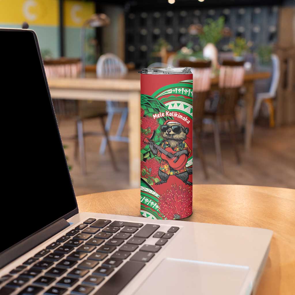 Mele Kalikimaka Hawaii Skinny Tumbler Mongoose Santa With Ohia Lehua
