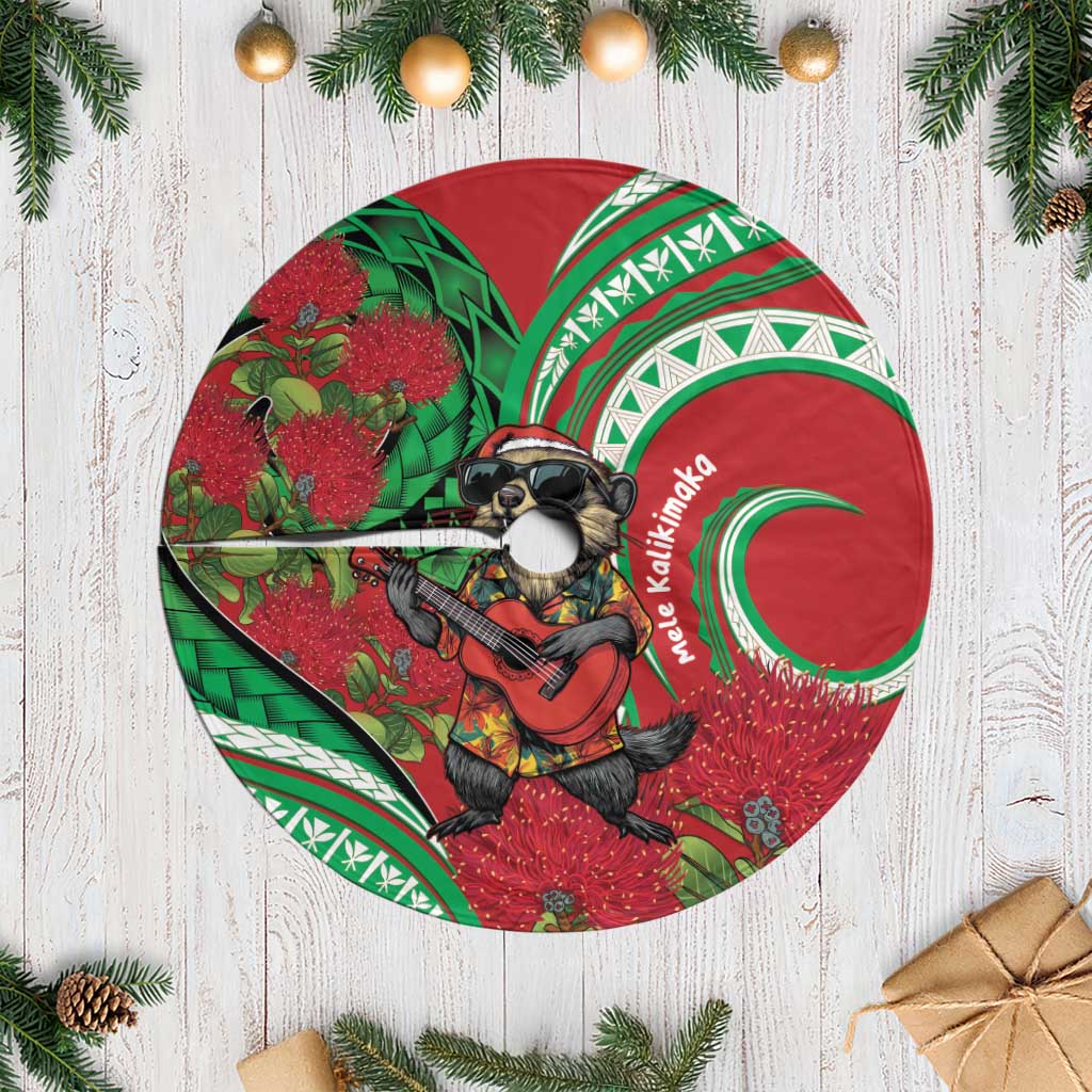 Mele Kalikimaka Hawaii Tree Skirt Mongoose Santa With Ohia Lehua LT14 Casual Red - Polynesian Pride