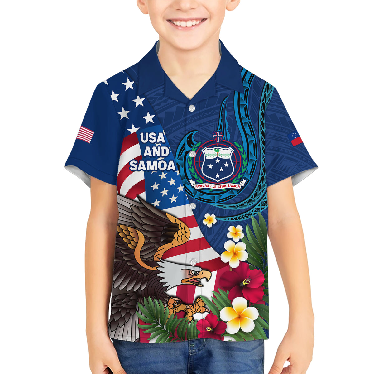 United States And Samoa Family Matching Short Sleeve Bodycon Dress and Hawaiian Shirt USA Flag Eagle Mix Samoan Coat Of Arms LT14 Son's Shirt Blue - Polynesian Pride