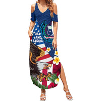 United States And Samoa Family Matching Summer Maxi Dress and Hawaiian Shirt USA Flag Eagle Mix Samoan Coat Of Arms LT14 Mom's Dress Blue - Polynesian Pride