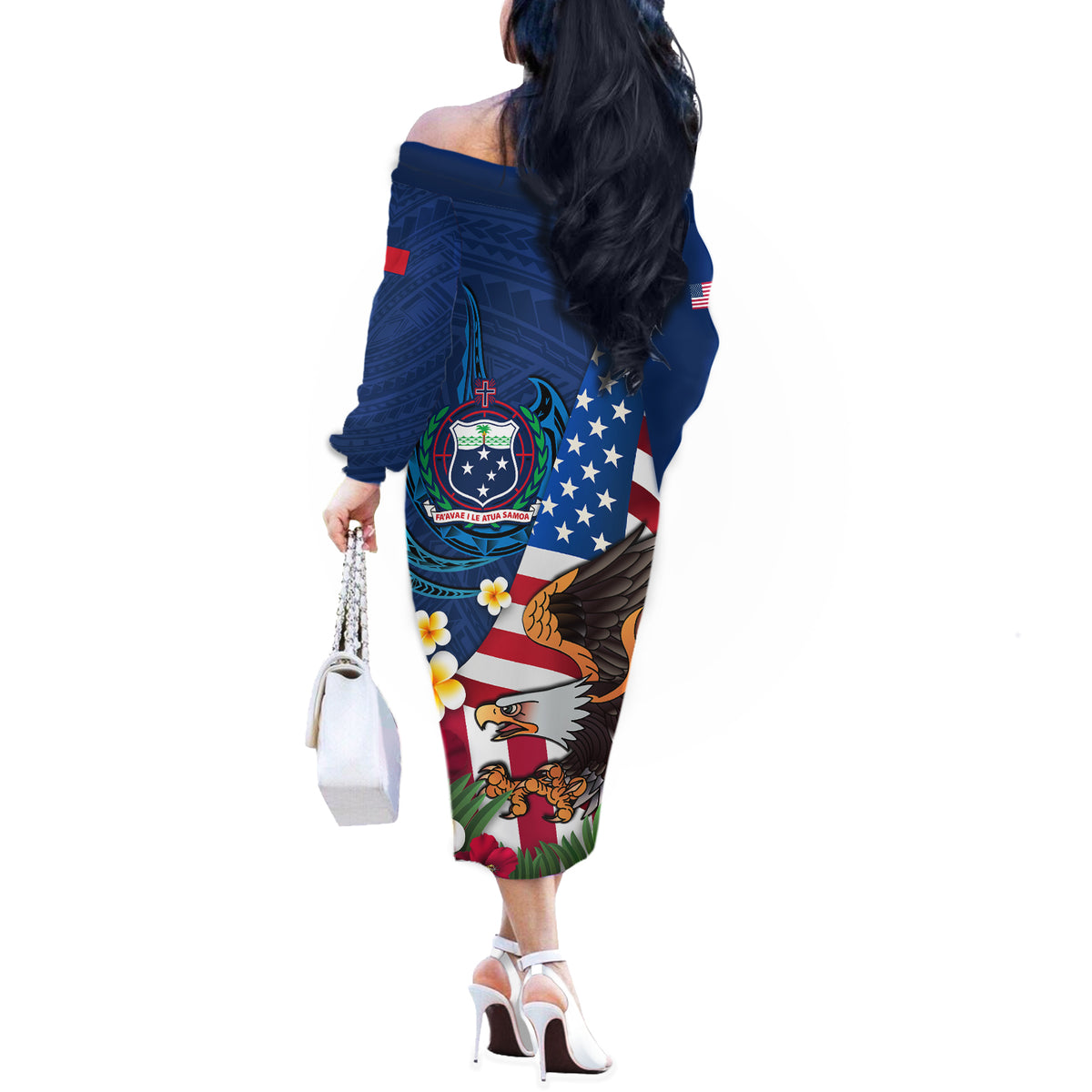 United States And Samoa Off The Shoulder Long Sleeve Dress USA Flag Eagle Mix Samoan Coat Of Arms LT14 - Polynesian Pride