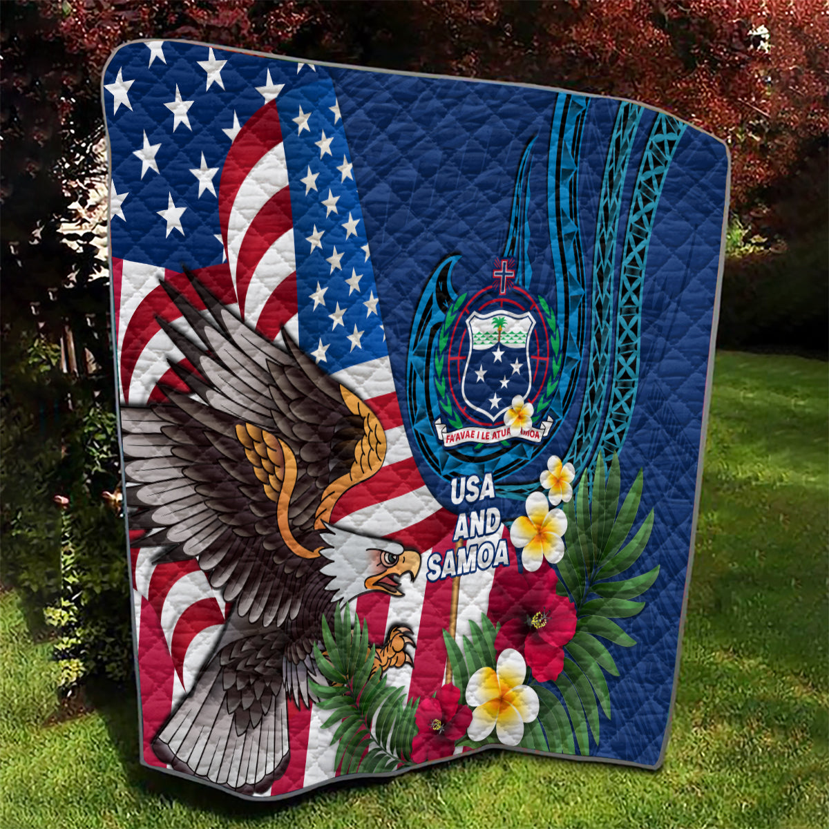 United States And Samoa Quilt USA Flag Eagle Mix Samoan Coat Of Arms LT14 - Polynesian Pride