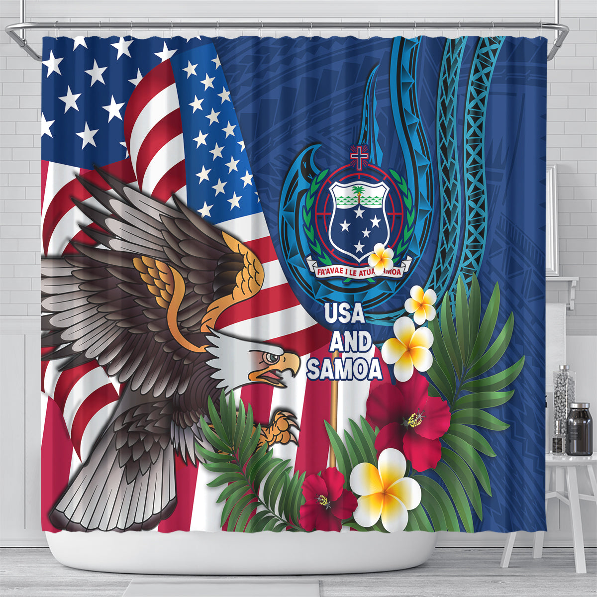 United States And Samoa Shower Curtain USA Flag Eagle Mix Samoan Coat Of Arms LT14 - Polynesian Pride