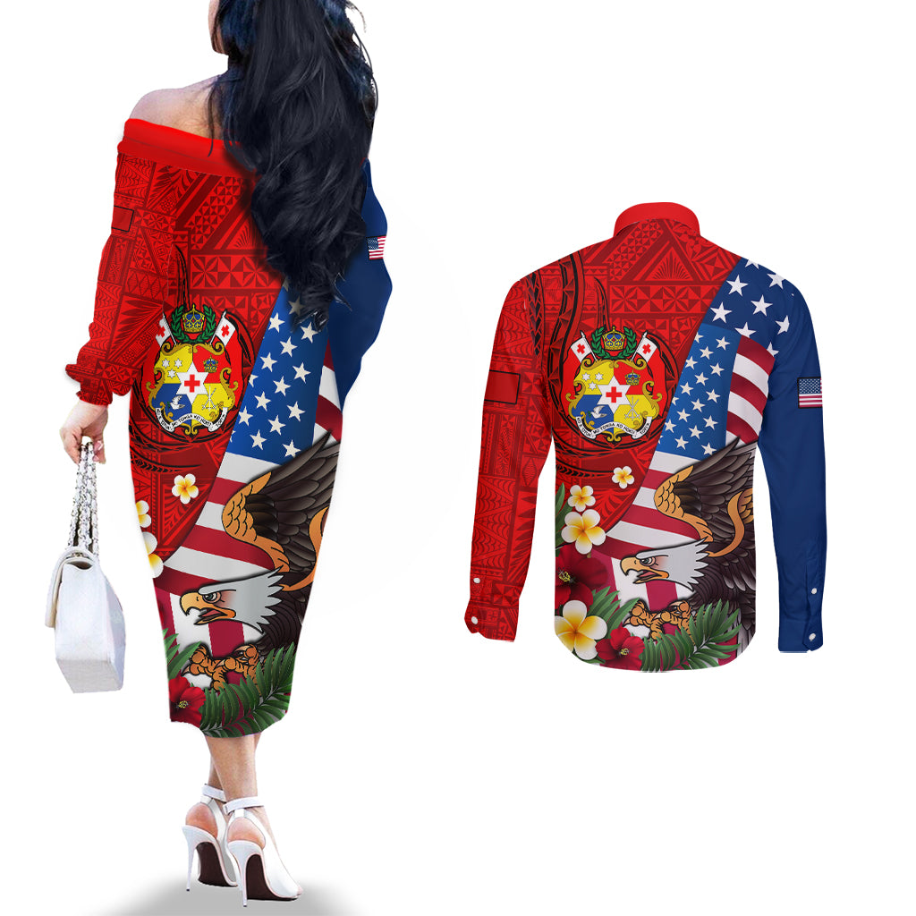 United States And Tonga Couples Matching Off The Shoulder Long Sleeve Dress and Long Sleeve Button Shirt USA Flag Eagle Mix Tongan Coat Of Arms Ngatu Pattern LT14 - Polynesian Pride