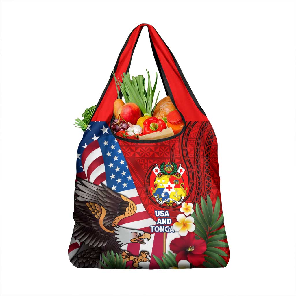 United States And Tonga Grocery Bag USA Flag Eagle Mix Tongan Coat Of Arms Ngatu Pattern