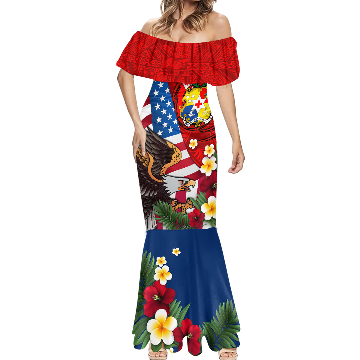 United States And Tonga Mermaid Dress USA Flag Eagle Mix Tongan Coat Of Arms Ngatu Pattern LT14 - Polynesian Pride