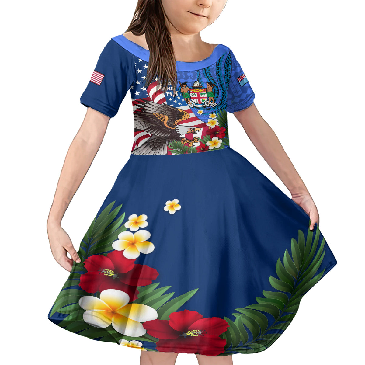 United States And Fiji Family Matching Mermaid Dress and Hawaiian Shirt USA Flag Eagle Mix Fijian Coat Of Arms Tapa Pattern LT14 Daughter's Dress Blue - Polynesian Pride