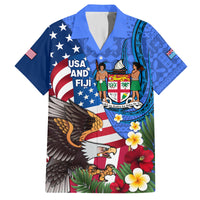 United States And Fiji Family Matching Off Shoulder Maxi Dress and Hawaiian Shirt USA Flag Eagle Mix Fijian Coat Of Arms Tapa Pattern LT14 Dad's Shirt - Short Sleeve Blue - Polynesian Pride