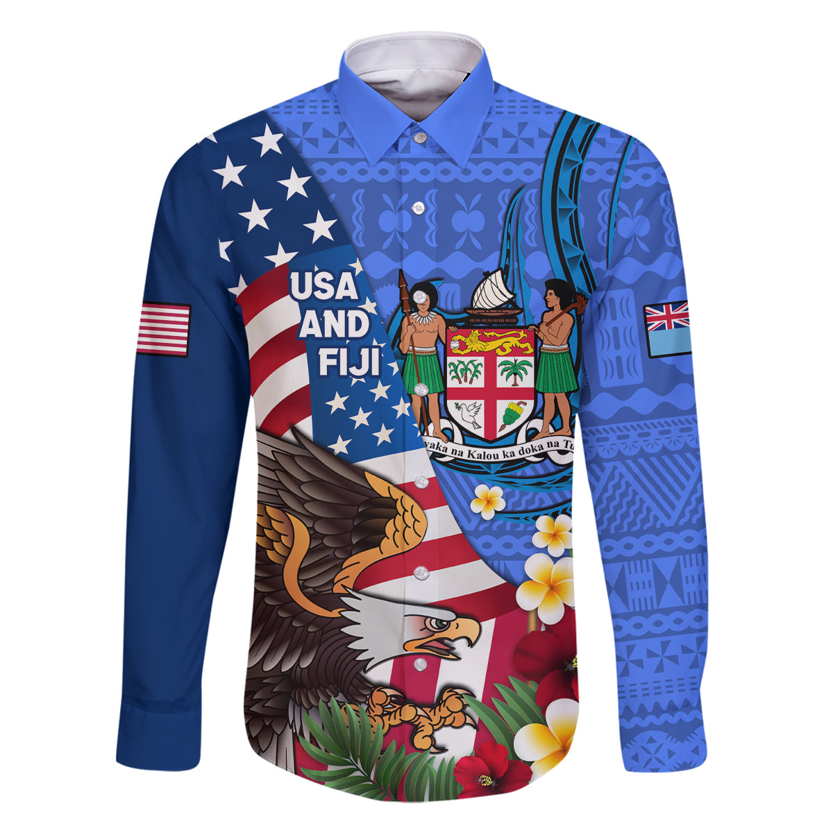 United States And Fiji Family Matching Off Shoulder Short Dress and Hawaiian Shirt USA Flag Eagle Mix Fijian Coat Of Arms Tapa Pattern LT14 Dad's Shirt - Long Sleeve Blue - Polynesian Pride