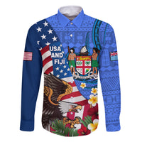 United States And Fiji Family Matching Off Shoulder Short Dress and Hawaiian Shirt USA Flag Eagle Mix Fijian Coat Of Arms Tapa Pattern LT14 Dad's Shirt - Long Sleeve Blue - Polynesian Pride