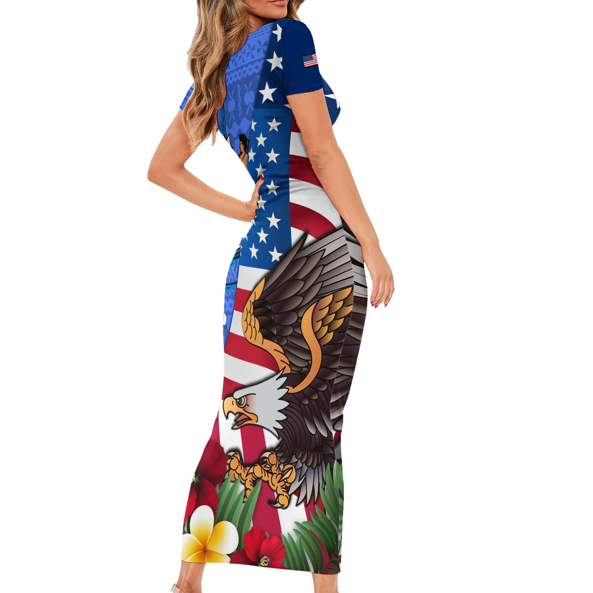 United States And Fiji Family Matching Short Sleeve Bodycon Dress and Hawaiian Shirt USA Flag Eagle Mix Fijian Coat Of Arms Tapa Pattern LT14 - Polynesian Pride
