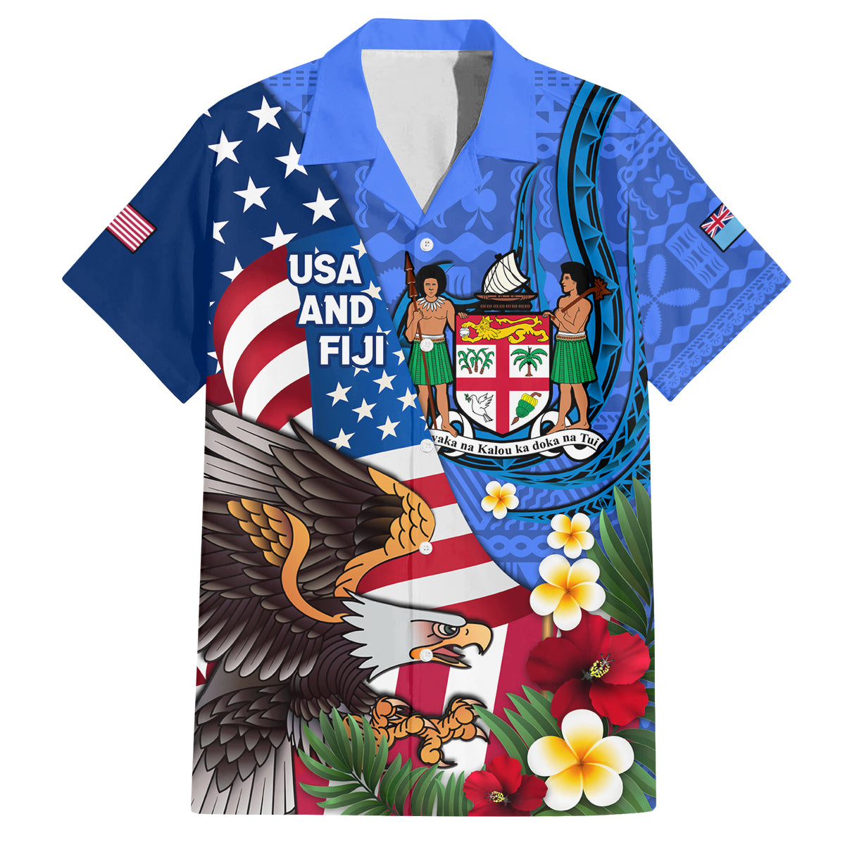 United States And Fiji Family Matching Summer Maxi Dress and Hawaiian Shirt USA Flag Eagle Mix Fijian Coat Of Arms Tapa Pattern LT14 Dad's Shirt - Short Sleeve Blue - Polynesian Pride