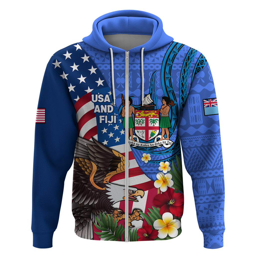 United States And Fiji Hoodie USA Flag Eagle Mix Fijian Coat Of Arms Tapa Pattern LT14 Zip Hoodie Blue - Polynesian Pride