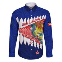 New Zealand Waitangi Day Family Matching Puletasi Dress and Hawaiian Shirt NZ Maori Tui Bird With Kowhai Flowers LT14 Dad's Shirt - Long Sleeve Blue - Polynesian Pride