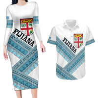 Custom Fiji Tapa Rugby 2025 Couples Matching Long Sleeve Bodycon Dress and Hawaiian Shirt Go Champions Fijiana LT14 White - Polynesian Pride