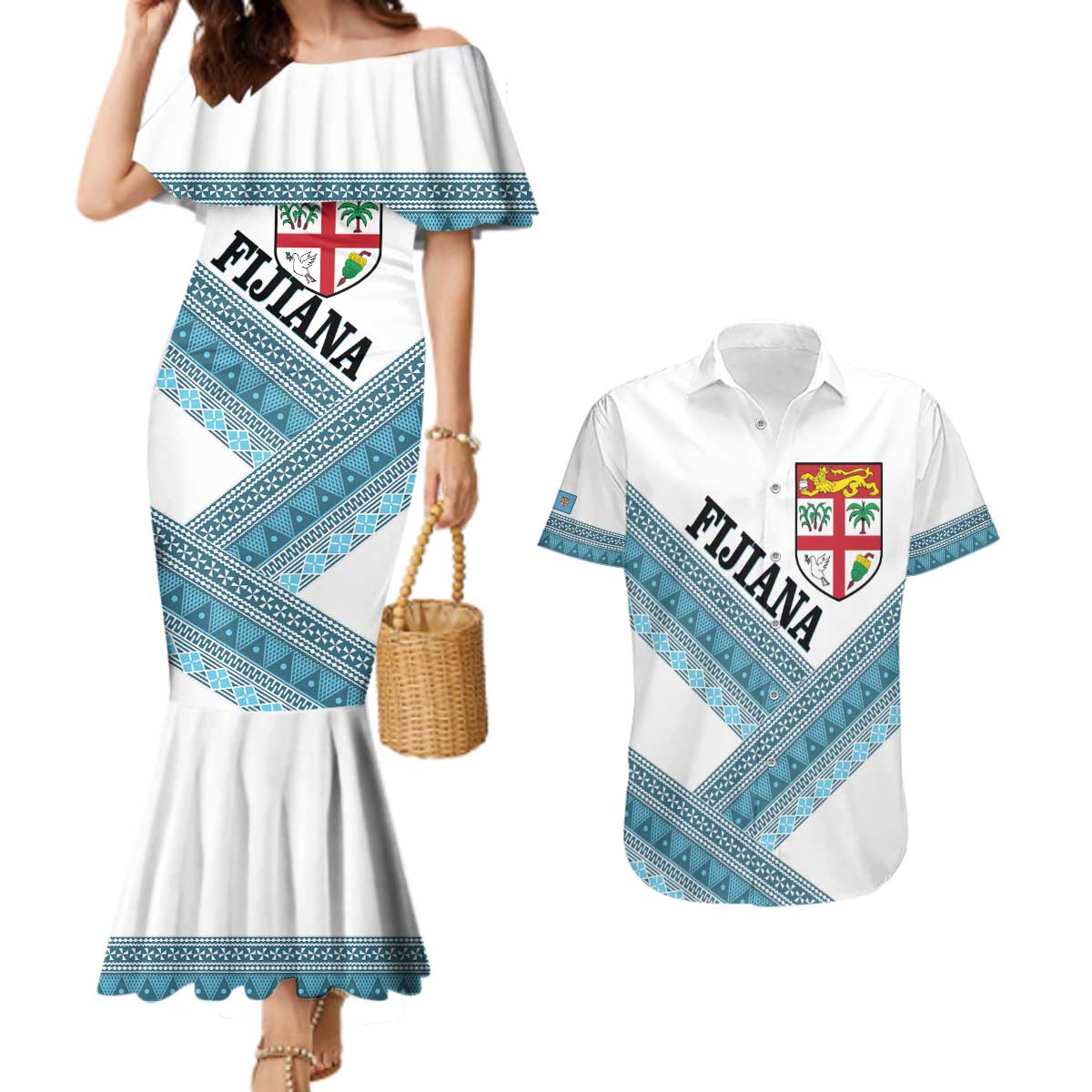 Custom Fiji Tapa Rugby 2025 Couples Matching Mermaid Dress and Hawaiian Shirt Go Champions Fijiana LT14 White - Polynesian Pride