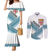 Custom Fiji Tapa Rugby 2025 Couples Matching Mermaid Dress and Long Sleeve Button Shirt Go Champions Fijiana LT14 White - Polynesian Pride
