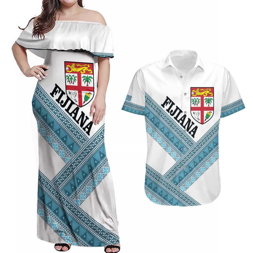 Custom Fiji Tapa Rugby 2025 Couples Matching Off Shoulder Maxi Dress and Hawaiian Shirt Go Champions Fijiana LT14 White - Polynesian Pride