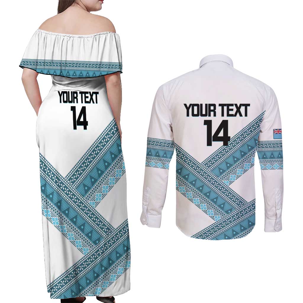 Custom Fiji Tapa Rugby 2025 Couples Matching Off Shoulder Maxi Dress and Long Sleeve Button Shirt Go Champions Fijiana LT14 - Polynesian Pride