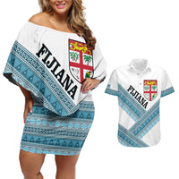 Custom Fiji Tapa Rugby 2025 Couples Matching Off Shoulder Short Dress and Hawaiian Shirt Go Champions Fijiana LT14 White - Polynesian Pride