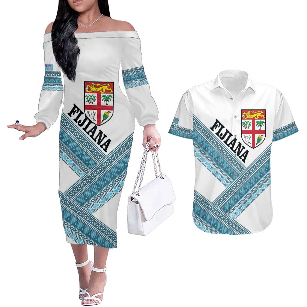 Custom Fiji Tapa Rugby 2025 Couples Matching Off The Shoulder Long Sleeve Dress and Hawaiian Shirt Go Champions Fijiana LT14 White - Polynesian Pride