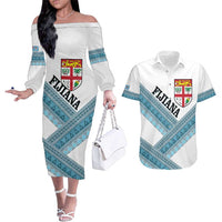 Custom Fiji Tapa Rugby 2025 Couples Matching Off The Shoulder Long Sleeve Dress and Hawaiian Shirt Go Champions Fijiana LT14 White - Polynesian Pride