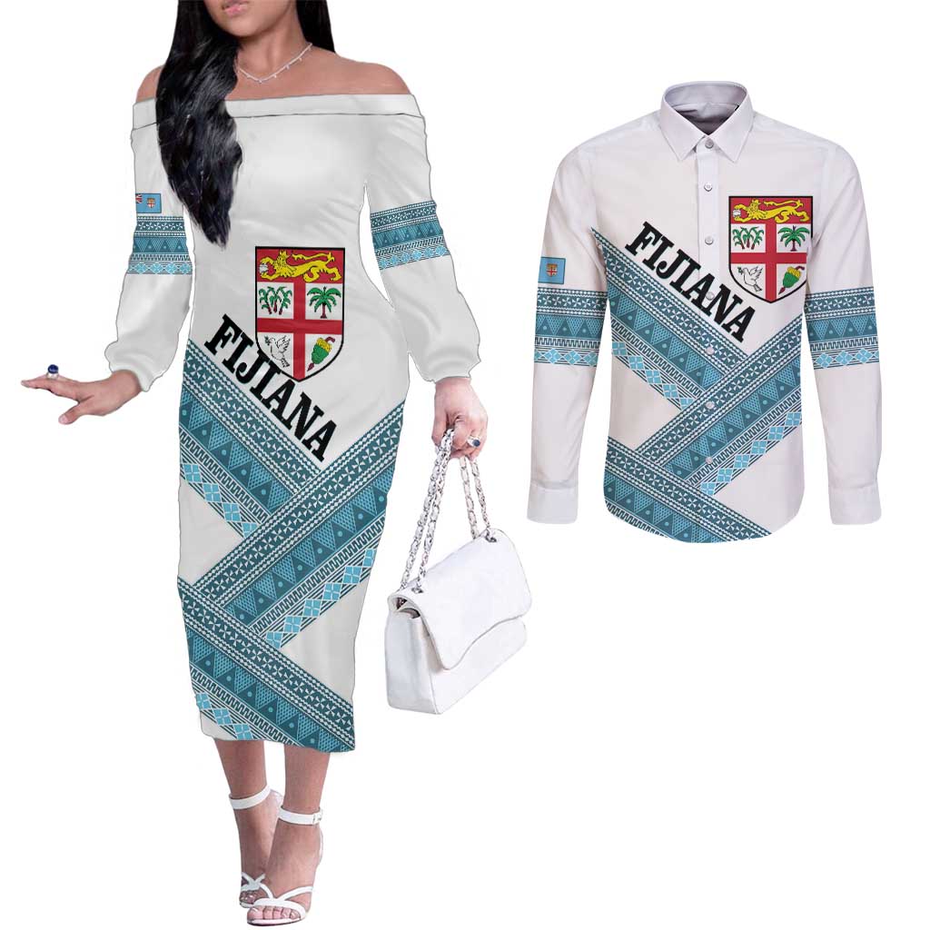 Custom Fiji Tapa Rugby 2025 Couples Matching Off The Shoulder Long Sleeve Dress and Long Sleeve Button Shirt Go Champions Fijiana LT14 White - Polynesian Pride