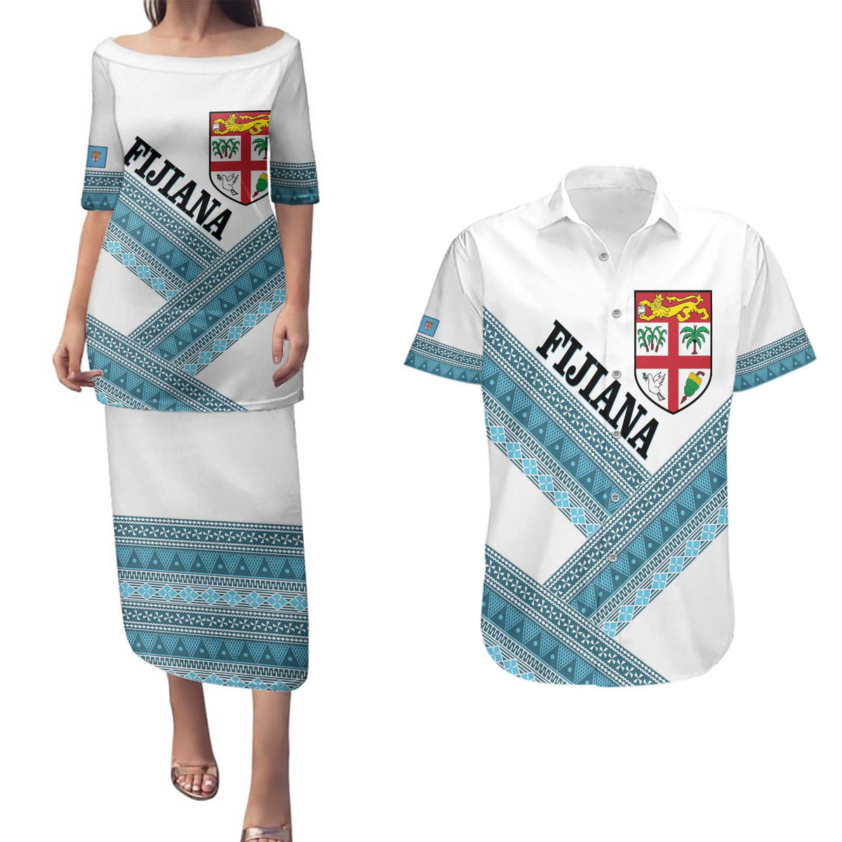 Custom Fiji Tapa Rugby 2025 Couples Matching Puletasi and Hawaiian Shirt Go Champions Fijiana LT14 White - Polynesian Pride
