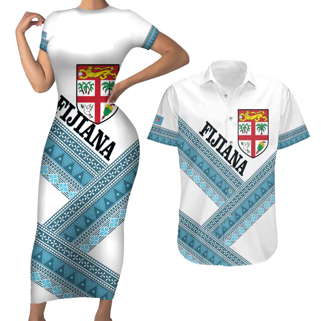 Custom Fiji Tapa Rugby 2025 Couples Matching Short Sleeve Bodycon Dress and Hawaiian Shirt Go Champions Fijiana LT14 White - Polynesian Pride