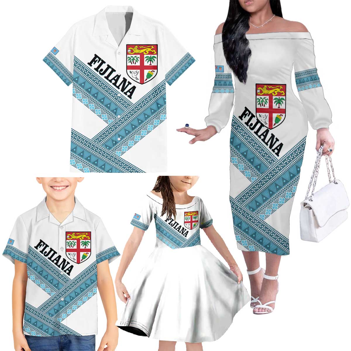 Custom Fiji Tapa Rugby 2025 Family Matching Off The Shoulder Long Sleeve Dress and Hawaiian Shirt Go Champions Fijiana LT14 - Polynesian Pride