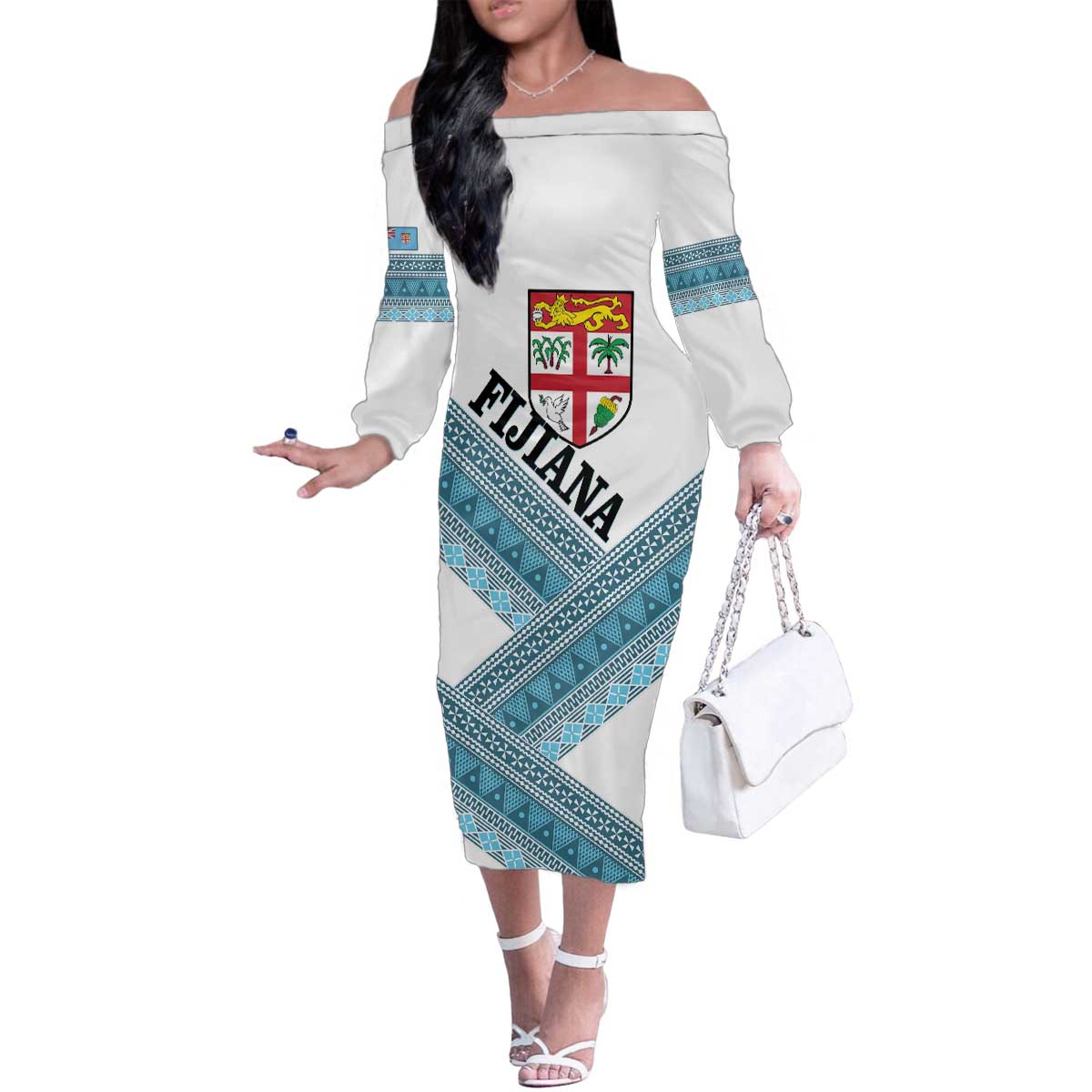Custom Fiji Tapa Rugby 2025 Family Matching Off The Shoulder Long Sleeve Dress and Hawaiian Shirt Go Champions Fijiana LT14 Mom's Dress White - Polynesian Pride