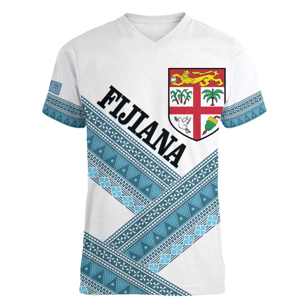 Custom Fiji Tapa Rugby 2025 Women V-Neck T-Shirt Go Champions Fijiana LT14 Female White - Polynesian Pride