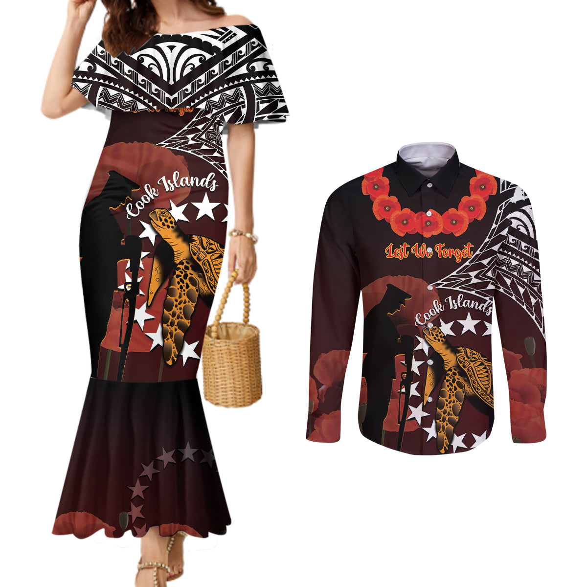 Cook Islands ANZAC Day Couples Matching Mermaid Dress and Long Sleeve Button Shirt Poppies With Sea Turtle LT14 Red - Polynesian Pride