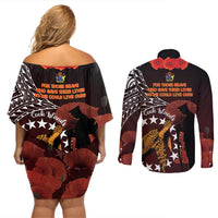 Cook Islands ANZAC Day Couples Matching Off Shoulder Short Dress and Long Sleeve Button Shirt Poppies With Sea Turtle LT14 - Polynesian Pride