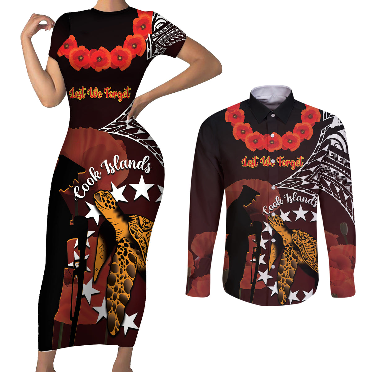 Cook Islands ANZAC Day Couples Matching Short Sleeve Bodycon Dress and Long Sleeve Button Shirt Poppies With Sea Turtle LT14 Red - Polynesian Pride