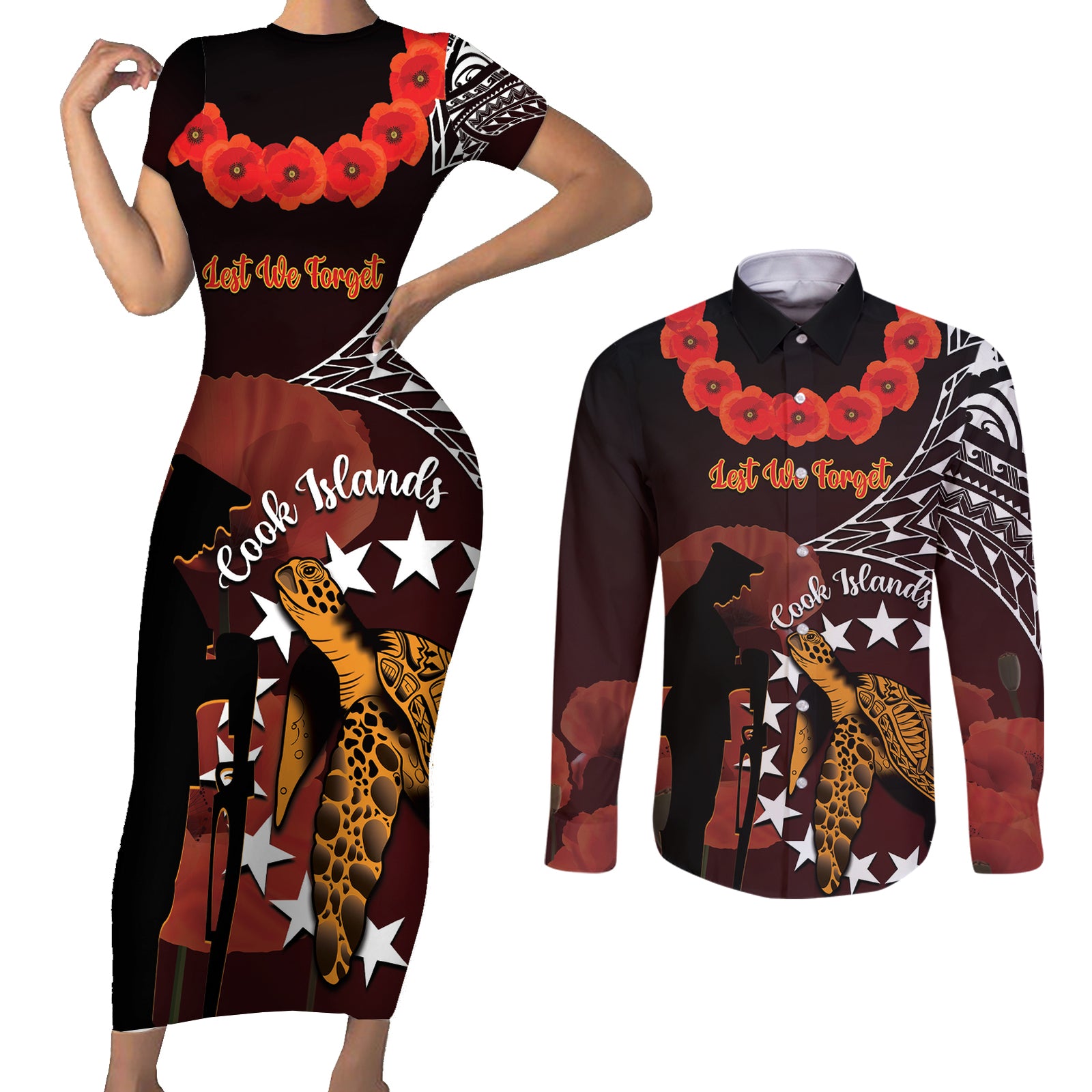 Cook Islands ANZAC Day Couples Matching Short Sleeve Bodycon Dress and Long Sleeve Button Shirt Poppies With Sea Turtle LT14 Red - Polynesian Pride