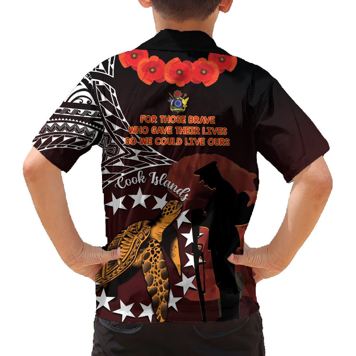 Cook Islands ANZAC Day Family Matching Long Sleeve Bodycon Dress and Hawaiian Shirt Poppies With Sea Turtle LT14 - Polynesian Pride