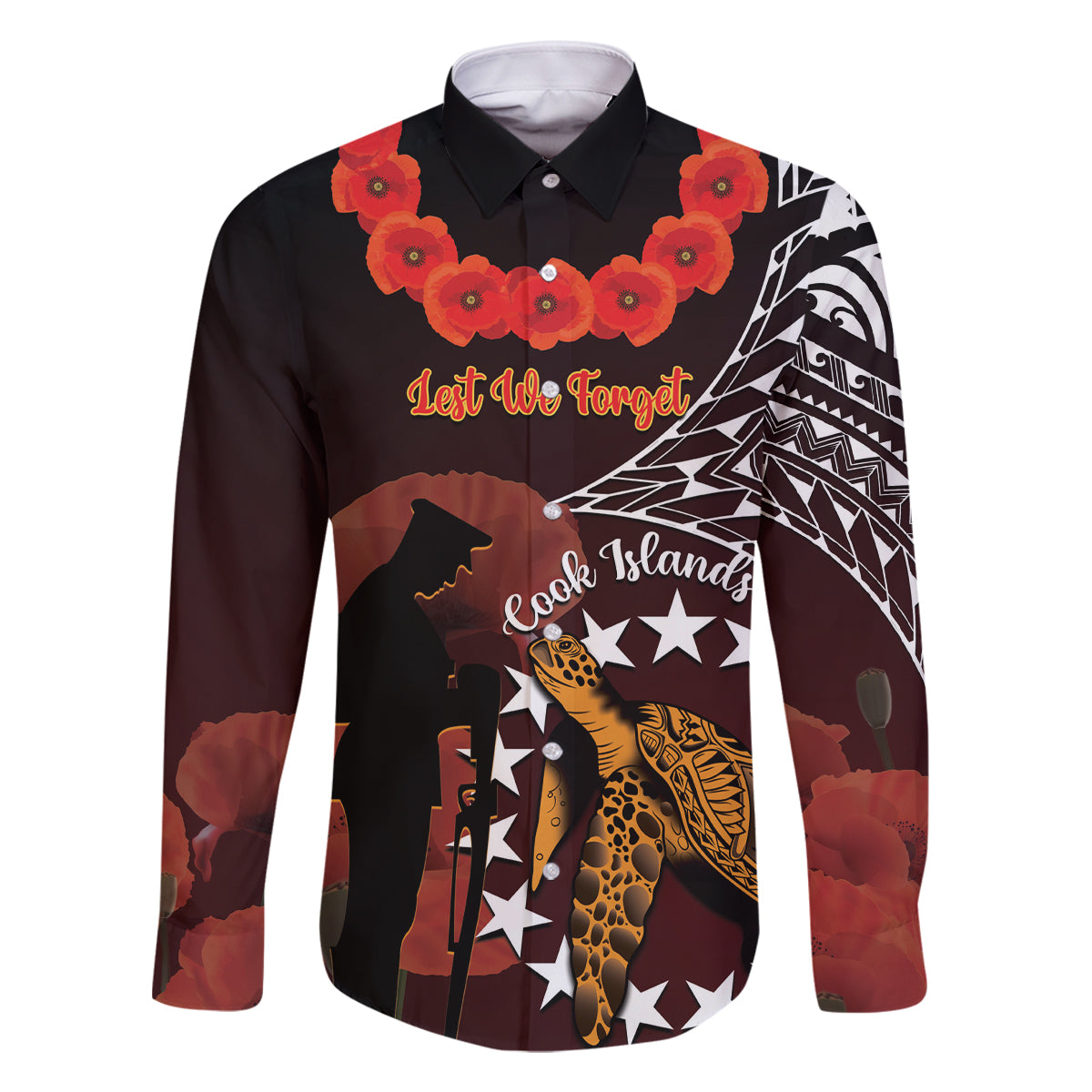 Cook Islands ANZAC Day Family Matching Off Shoulder Maxi Dress and Hawaiian Shirt Poppies With Sea Turtle LT14 Dad's Shirt - Long Sleeve Red - Polynesian Pride