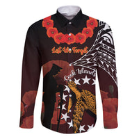 Cook Islands ANZAC Day Family Matching Off Shoulder Maxi Dress and Hawaiian Shirt Poppies With Sea Turtle LT14 Dad's Shirt - Long Sleeve Red - Polynesian Pride