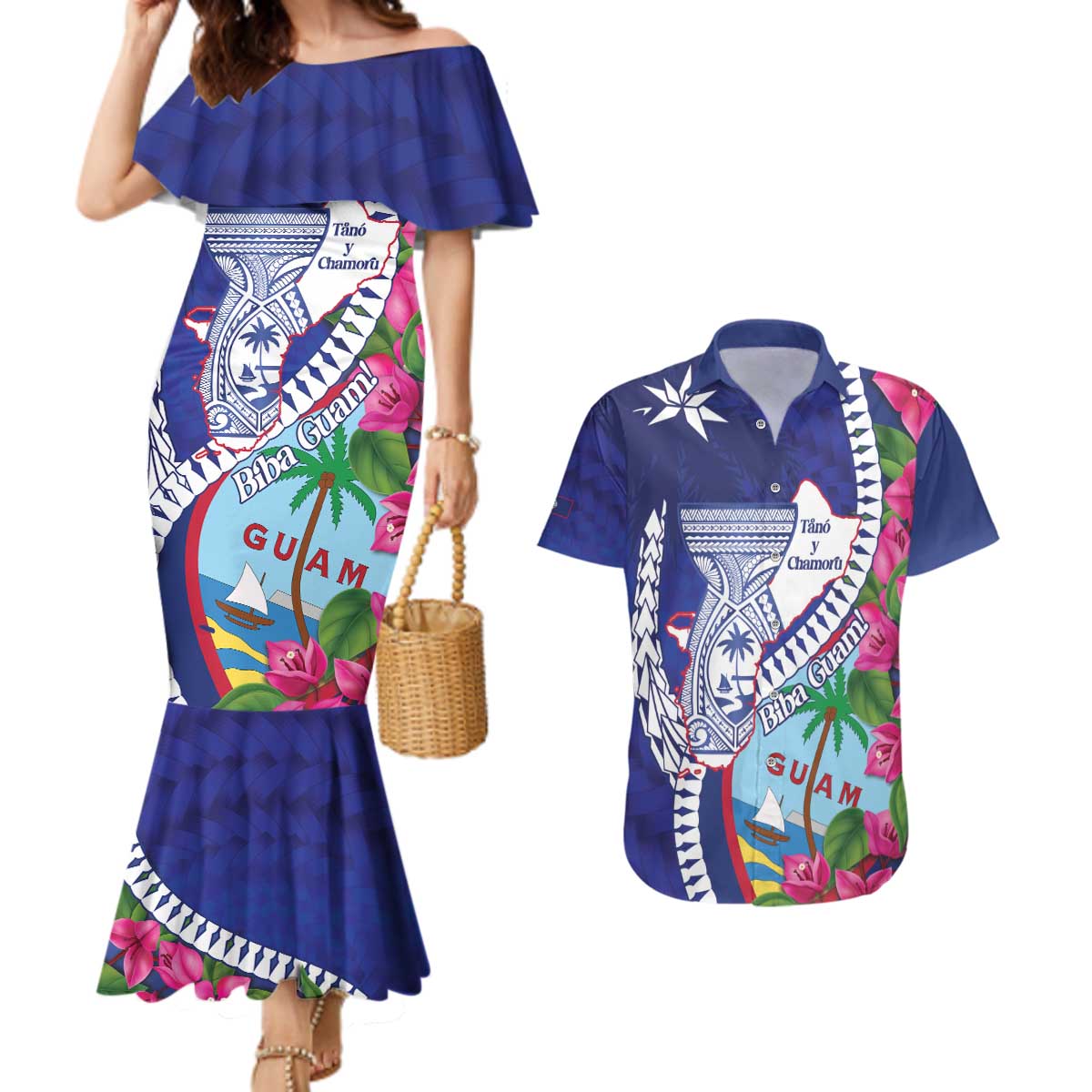Biba Guam Liberation Day Couples Matching Mermaid Dress and Hawaiian Shirt Tano y Chamoru Latte Stone Blue