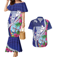 Biba Guam Liberation Day Couples Matching Mermaid Dress and Hawaiian Shirt Tano y Chamoru Latte Stone Blue