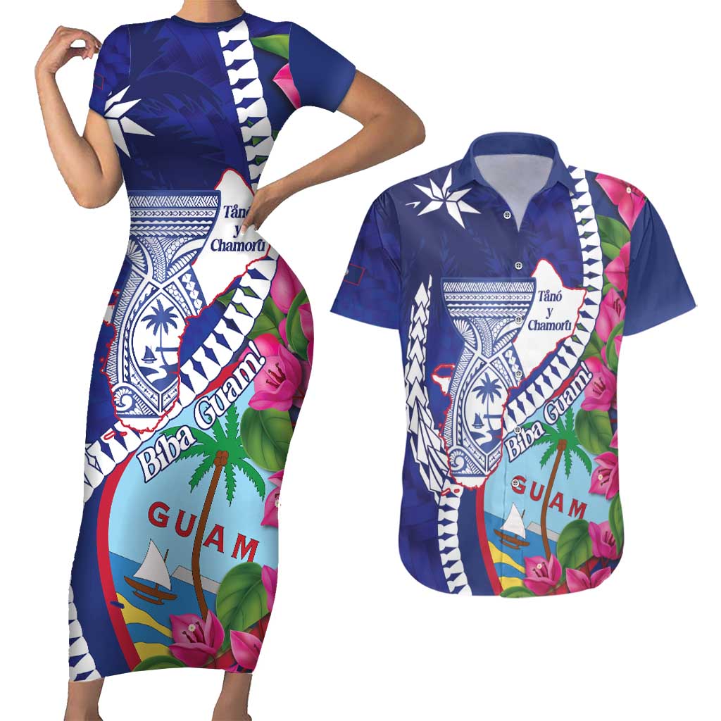 Biba Guam Liberation Day Couples Matching Short Sleeve Bodycon Dress and Hawaiian Shirt Tano y Chamoru Latte Stone Blue