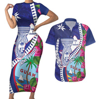 Biba Guam Liberation Day Couples Matching Short Sleeve Bodycon Dress and Hawaiian Shirt Tano y Chamoru Latte Stone Blue