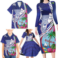 Biba Guam Liberation Day Family Matching Long Sleeve Bodycon Dress and Hawaiian Shirt Tano y Chamoru Latte Stone Blue LT14 - Polynesian Pride