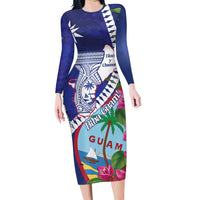 Biba Guam Liberation Day Family Matching Long Sleeve Bodycon Dress and Hawaiian Shirt Tano y Chamoru Latte Stone Blue LT14 Mom's Dress Blue - Polynesian Pride
