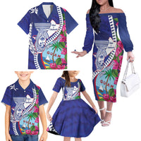 Biba Guam Liberation Day Family Matching Off The Shoulder Long Sleeve Dress and Hawaiian Shirt Tano y Chamoru Latte Stone Blue