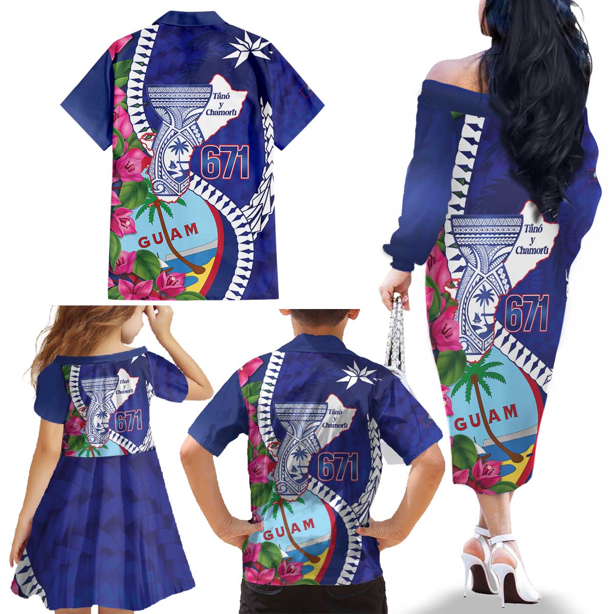Biba Guam Liberation Day Family Matching Off The Shoulder Long Sleeve Dress and Hawaiian Shirt Tano y Chamoru Latte Stone Blue
