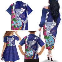 Biba Guam Liberation Day Family Matching Off The Shoulder Long Sleeve Dress and Hawaiian Shirt Tano y Chamoru Latte Stone Blue