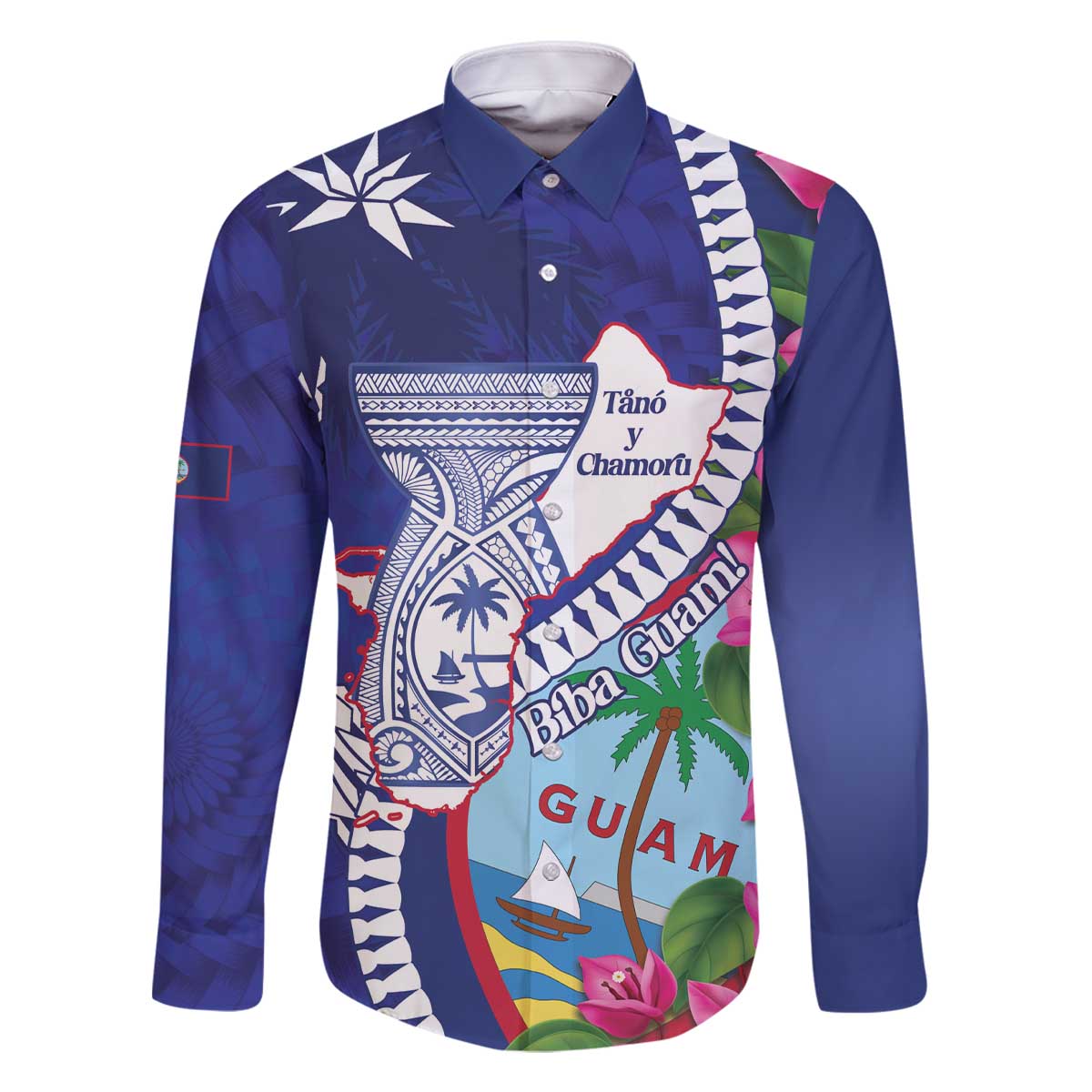 Biba Guam Liberation Day Family Matching Off The Shoulder Long Sleeve Dress and Hawaiian Shirt Tano y Chamoru Latte Stone Blue